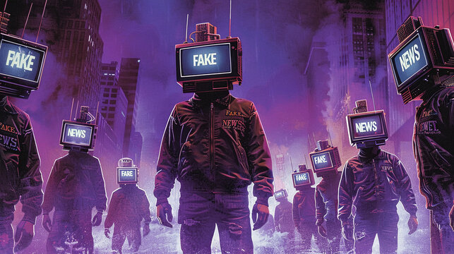 Group of People with TV Heads and "FAKE NEWS", brainwashed, dystopian reality