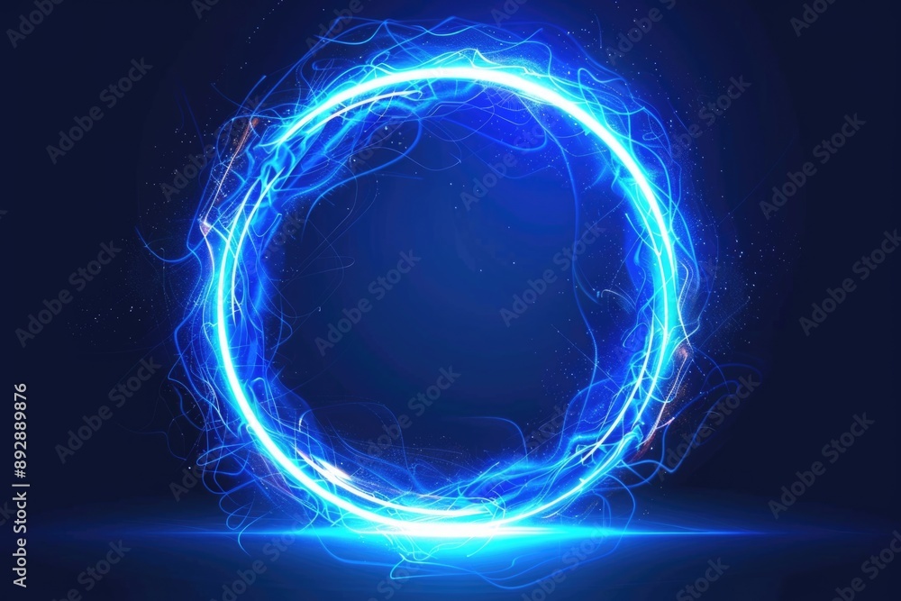 Poster a bright circular object emitting blue light against a dark background, suitable for use in futurist