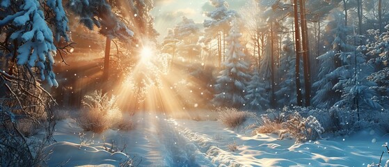 Brilliant sunbeam illuminating a snowy winter landscape, creating sparkling effects