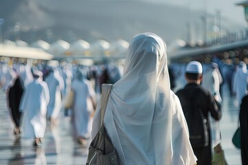 Muslim woman in white hijab walking during Hajj pilgrimage