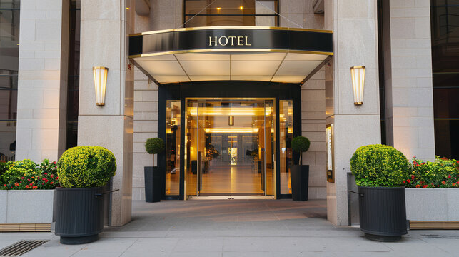 Contemporary luxury hotel Exterior with "HOTEL" signage, five stars hotel entrance facade