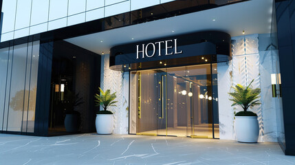 Contemporary luxury hotel Exterior with "HOTEL" signage, five stars hotel entrance facade