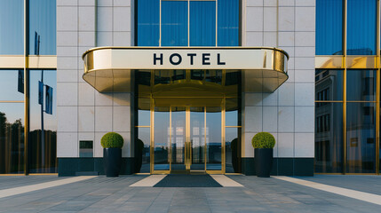 Contemporary luxury hotel Exterior with "HOTEL" signage, five stars hotel entrance facade