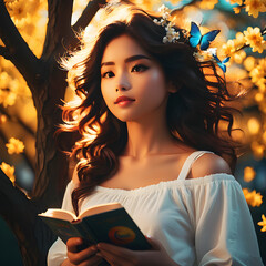 woman reading a book in park