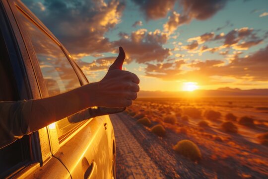 Thumbs Up Car. Driver Enjoying Freedom and Adventure on Road Trip, Making Like Sign with Hand