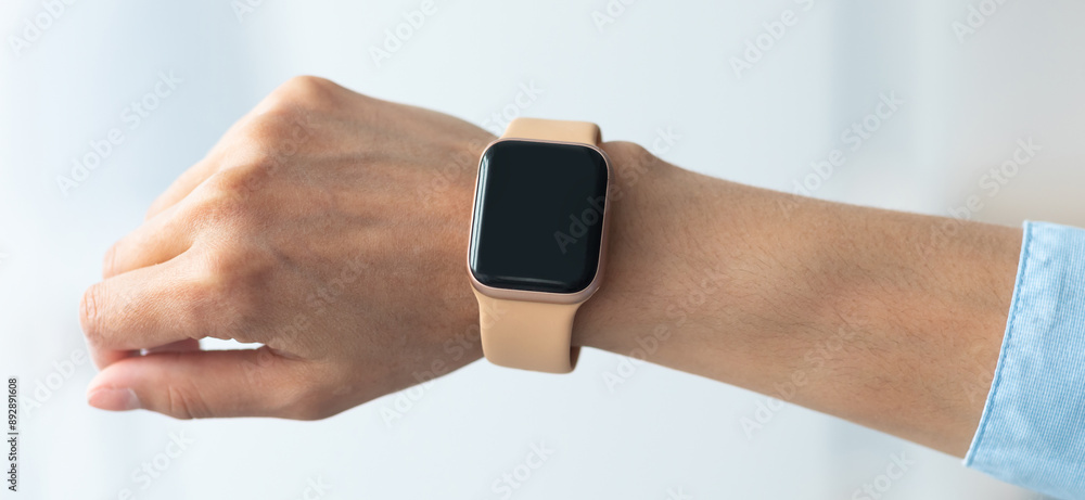 Aufkleber close up cropped view of female hand with smart watch with black blank screen, selective focus, blur
