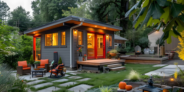 ADU is a small separate dwelling unit on the same property. Concept Accessory Dwelling Unit (ADU), Housing Solution, Additional Living Space, Property Expansion, Local Zoning Requirements