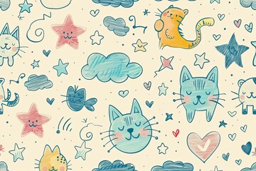 Whimsical collection of hand-drawn cats, stars, and clouds in soft pastel hues