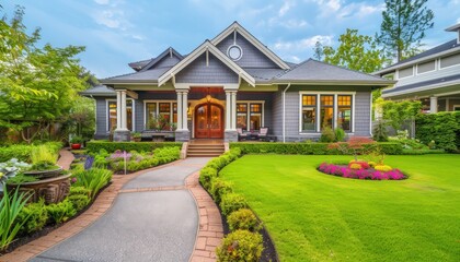 Grey luxury home, showcasing a full front view with a vibrant green yard and a decorative walkway leading to an ornate covered porch. High-definition capture.