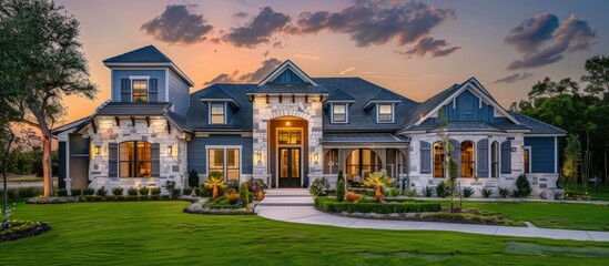 HD photo of a luxury home with a large front porch, blue walls, white stone accents, grey shutters, lush landscaping, green grass, and trees, set at sunset.