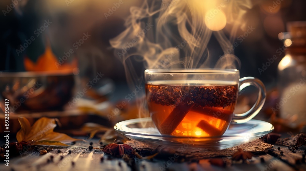 Wall mural steaming cup of tea with autumn spices. tea close-up