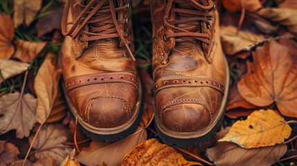 Vintage leather boots among fallen leaves. Boots close-up