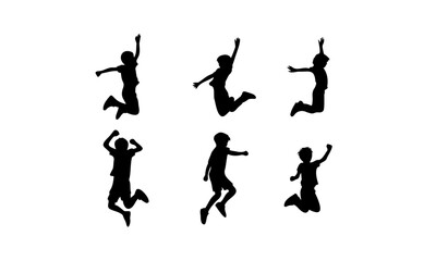 Jumping kids silhouettes set isolated on white background, Jumping kids in different poses Silhouettes set in black and white, Jumping kids vector set