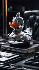 Fototapeta premium A silver duck sitting on top of a desk next to an open laptop, AI