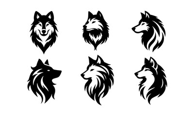 Obraz premium Wolf Head silhouettes set isolated on white background, Wolf Head in different poses Silhouettes set in black and white, Wolf Head vector set