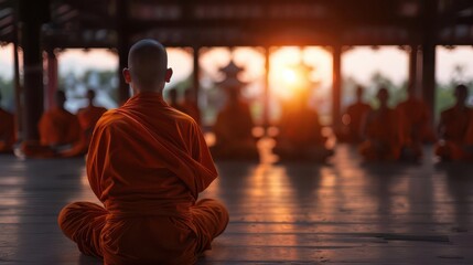 Mindfulness retreat in a secluded monastery, participants experiencing deep meditation and tranquility