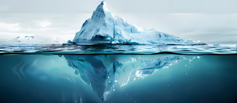 Underlying risks lurk beneath the surface, like an iceberg of challenges in a business crisis, with hidden threats that are unseen, all depicted against a blank copy space image.
