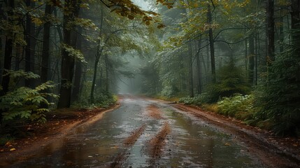 Obraz premium A captivating photograph of a forest path during rainfall