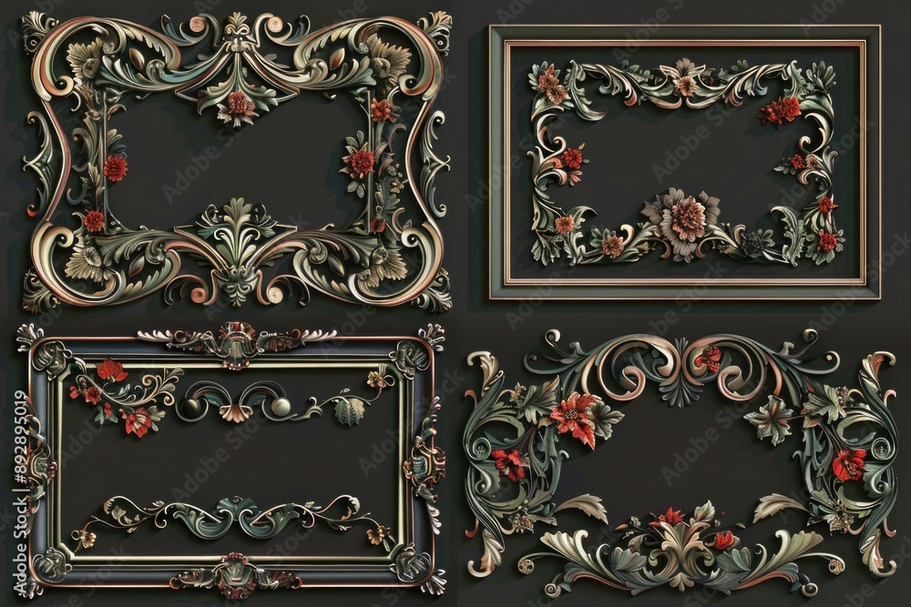 Poster four decorative frames in different styles and designs, arranged on a dark background