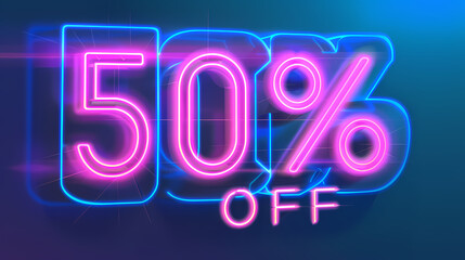 Neon 50% OFF sign: futuristic holographic style with a dark background and a glowing effect.