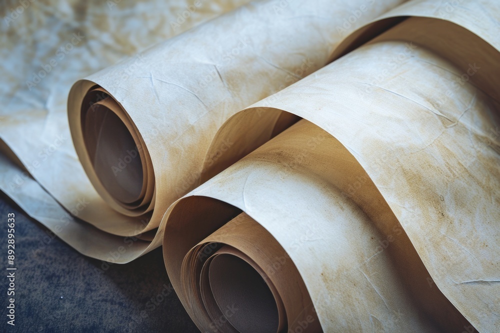 Poster two rolls of paper sitting on a desk, ready for use