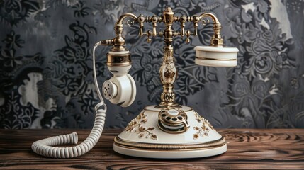 Vintage white telephone on wooden table backdrop