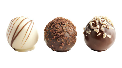 Collection Of Assorted Chocolate Truffles Dark Milk And White Chocolate For Desserts isolated on transparent background. Generative ai