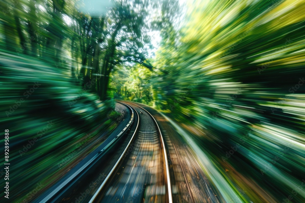 Poster A blurry image of a train track with trees in the background, suitable for use in travel or adventure contexts