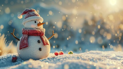 Obraz premium Merry christmas and happy new year greeting card with copy-space.happy snowman standing in christmas landscape.snow background.winter fairytale. landscape.