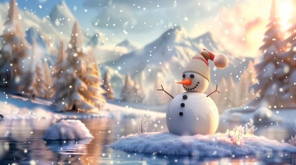 Obraz premium Merry christmas and happy new year greeting card with copy-space.happy snowman standing in christmas landscape.snow background.winter fairytale. landscape.