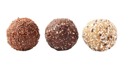Collection Of Varieties Of Protein Balls Chocolate Peanut Butter And Coconut For Healthy Energy isolated on transparent background. Generative ai