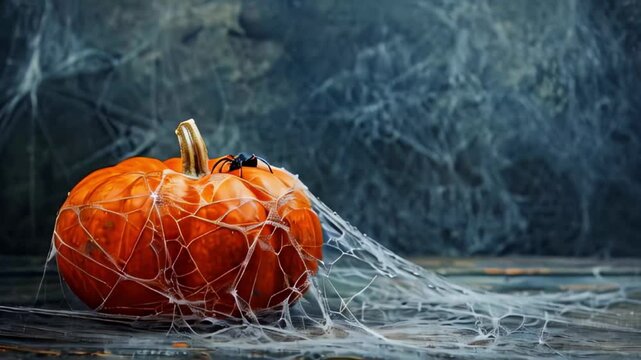 pumpkin with a web on a gray background in a gloomy atmosphere, Halloween holiday concept