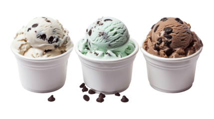 Collection Of Varieties Of Ice Cream Tubs Mint Chocolate Chip Cookies And Cream And Coffee For Dessert isolated on transparent background. Generative ai