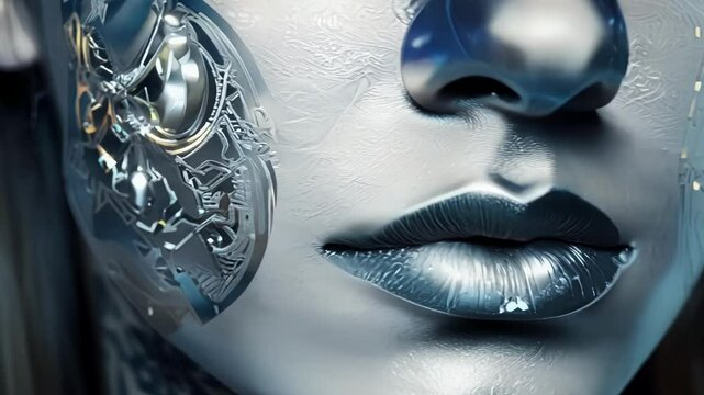 A macro shot of a section of a face covered in metallic temporary tattoos arranged in abstract shapes and creating an otherworldly effect.