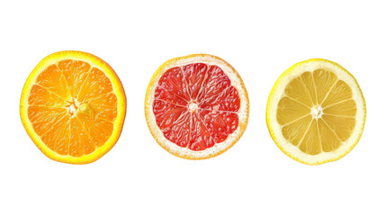 Collection Of Mixed Fresh Citrus Slices Orange Lemon And Grapefruit For Refreshing Beverages isolated on transparent background. Generative ai