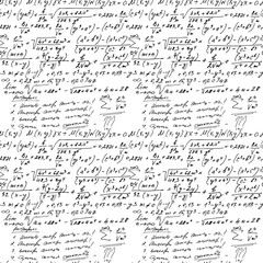 Mathematical vector seamless pattern with geometrical figures and formulas, handwritten .
 Vector hand-drawn illustration. Hand drawing mathematical expressions. mathematical symbols. 