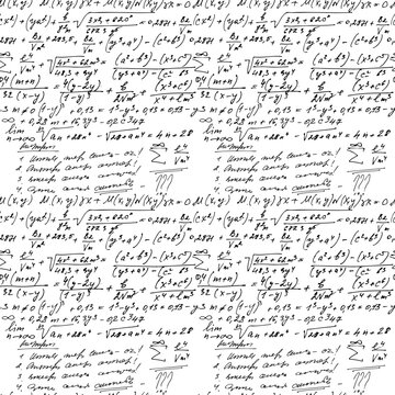 Mathematical vector seamless pattern with geometrical figures and formulas, handwritten .
 Vector hand-drawn illustration. Hand drawing mathematical expressions. mathematical symbols. 