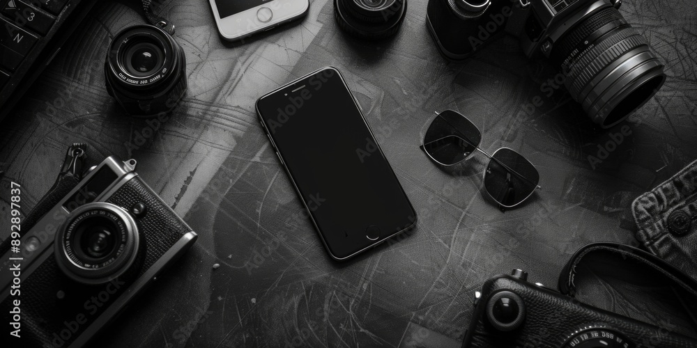 Poster a black and white photo of a cell phone surrounded by various cameras, suitable for use in technolog