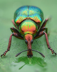 Portrait of a multicolored, iridescent leaf-rolling weevil with blue, green, and red colors, drinking water on a leaf (Byctiscus betulae)