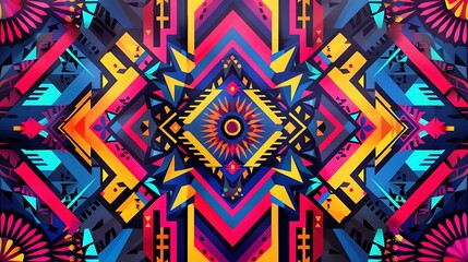 A colorful geometric design with vibrant Hispanic cultural motifs