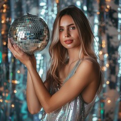 Naklejka premium new year party concept with girl holding disco ball
