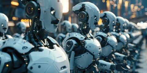 Fototapeta premium A collection of robots positioned side by side, likely in a factory or assembly line setting