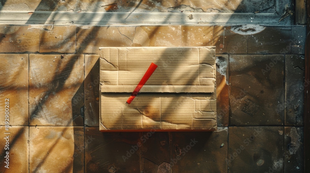 Poster A simple cardboard box with a distinctive red stripe, often used for packaging or storage