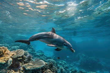 Naklejka premium Underwater view of a dolphin gracefully gliding above vibrant coral reef
