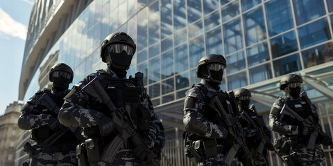Heavily armed SWAT team members in tactical gear patrolling outside a modern glass building, ready for action.
