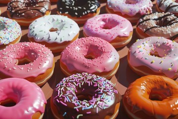 Closeup of colorful glazed donuts with various toppings on a pink surface