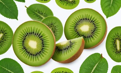 Fototapeta premium Kiwi with half slices falling or floating in the air with green leaves isolated on background