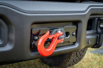 front bumper with a winch of offroad SUV, camper van or truck