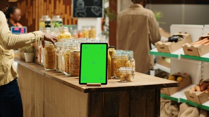 Greenscreen layout on tablet at local organic supermarket, ethically sourced products for sustainable lifestyle. Device running isolated mockup template or chromakey in zero waste eco store. Camera 1.