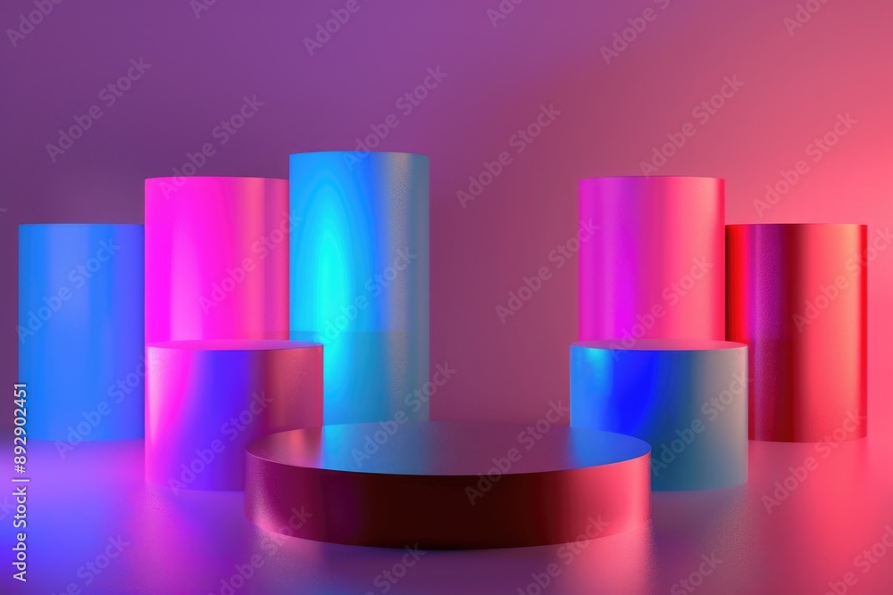 Poster Group of cylindrical structures with colorful lights on display, suitable for use in technology or innovation concept images